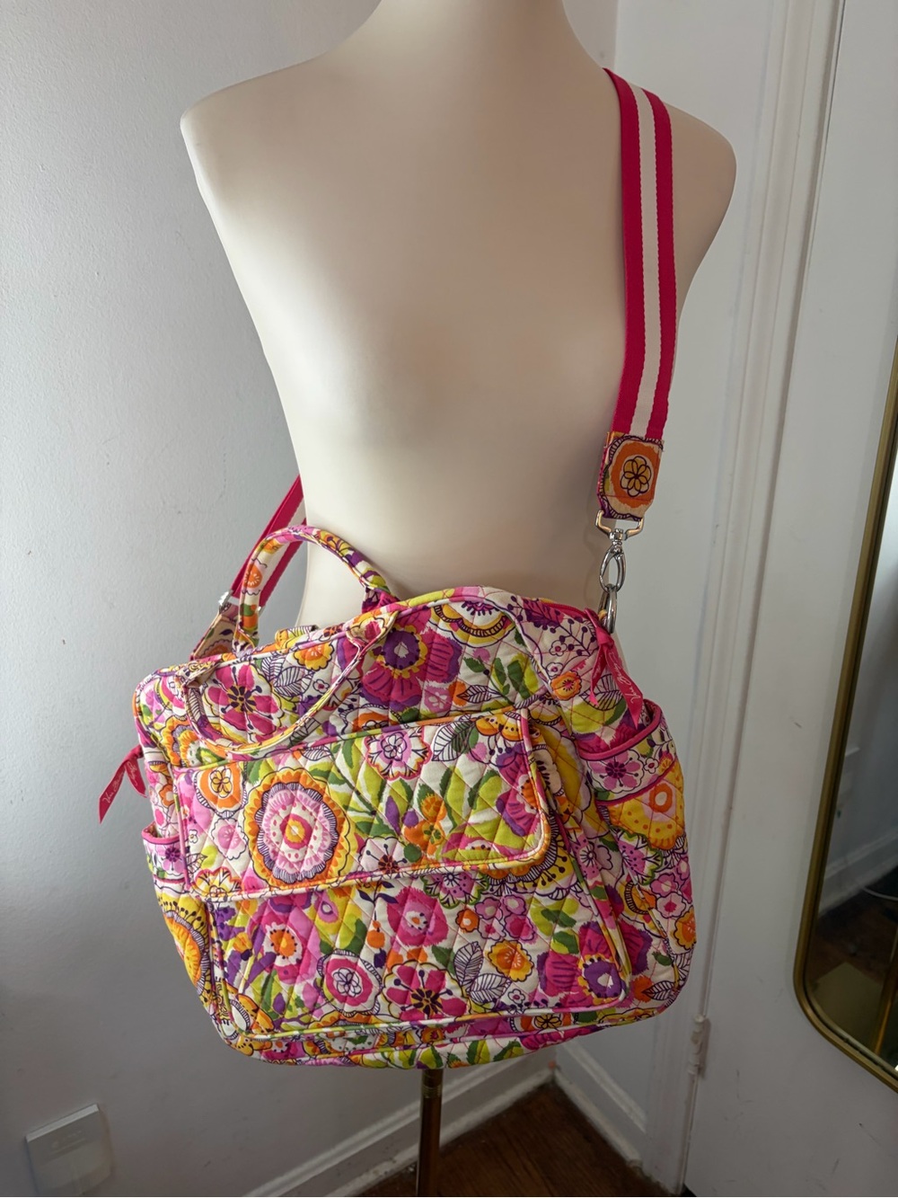 Vera Bradley Pink Floral Quilted Lined Diaper Shoulder Bag with Striped Strap